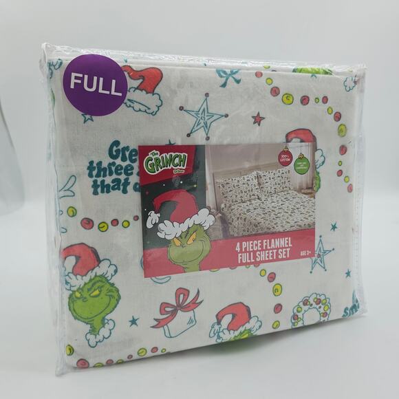 The Grinch Christmas Holiday‎ Full Size Flannel 4 Pc Sheet Set 100% Cotton Warm